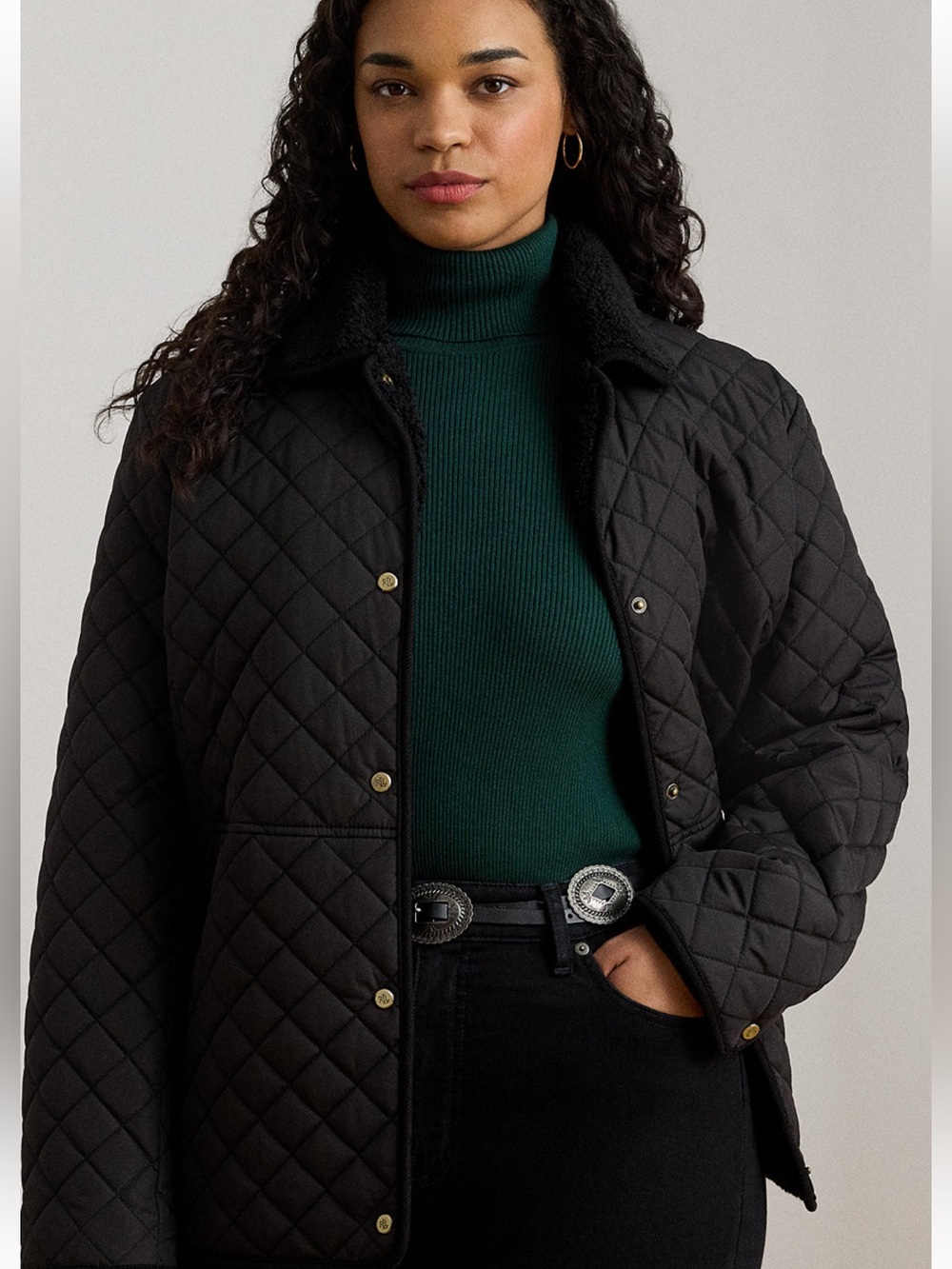 Lauren Ralph Lauren Black Quilted Jacket with Sherpa Collar
